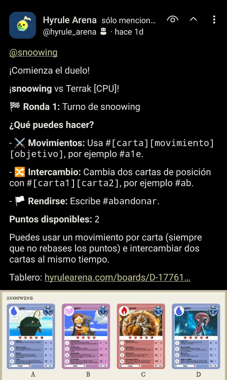 Primer toot de una partida ya empezada. En él, el bot explica las opciones que tiene el jugador: ejecutar movimientos e intercambiar cartas, o abandonar.